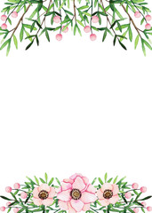 Watercolor Frame with Shabby Flowers and Green Leaves