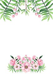 Frame with Watercolor Shabby Chic Bouquet and Green Fern