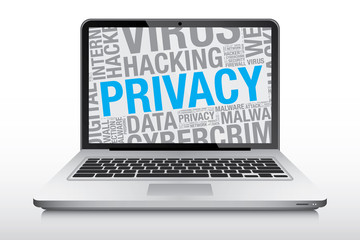 Privacy word cloud on laptop screen vector concept