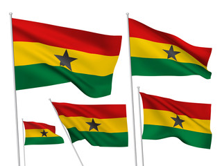 Ghana vector flags. A set of 5 wavy 3D flags created using gradient meshes