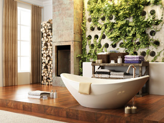 Naklejka na ściany i meble Rustic open concept bathroom with wall atrium and fireplace . 3d rendering