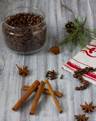 Coffee beans, spice on the table-napkin