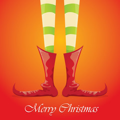vector merry christmas card with cartoon elfs legs