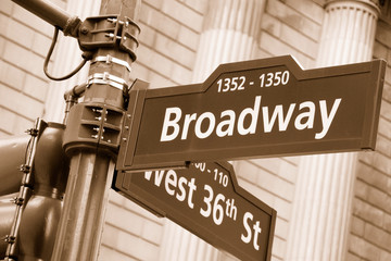 Broadway and West 36th Street sign. Sepia