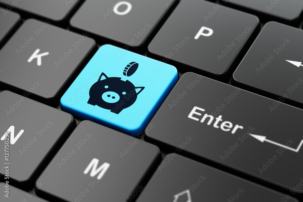 Poster money concept: money box with coin on computer keyboard background