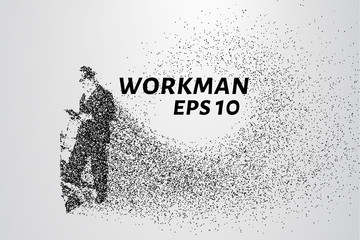 Working man from the particles. The worker consists of dots and circles. Vector illustration
