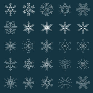 set of 25 white vector snowflakes on very dark blue background