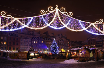 Holiday decorations of Warsaw. Old market square. Poland