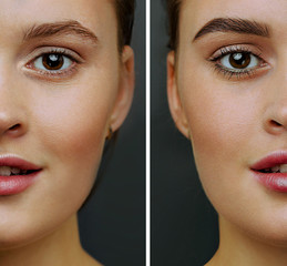 Naklejka premium Kobieca twarz, o doskonałej skórze, przecięta na pół, aby zaprezentować się przed i po zabarwieniu, stylizując brwi.