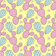 Color cactus seamless pattern, cacti vector illustration. Hand d