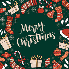 Merry Christmas greeting card with hand drawn lettering and wint