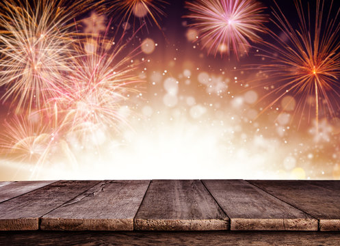Abstract firework background with wooden planks