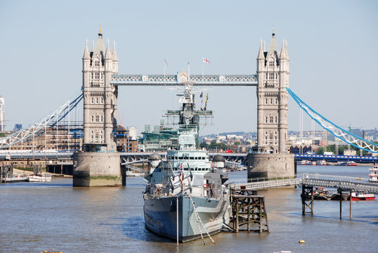 HMS Belfast and Tower Bridge London, England