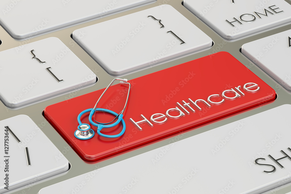 Poster healthcare button, red hot key on keyboard 3d rendering