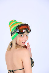 Portrait  of a hot sexy girl skier or snowboarder with ski glass