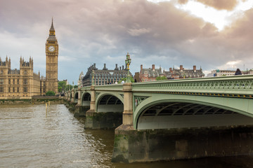 LONDON, ENGLAND - JUNE 16 2016: Houses of Parliament with Big Ben from Westminster bridge, London,...