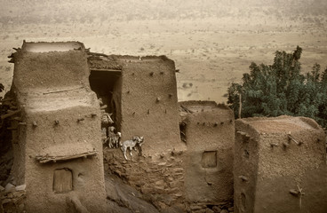 Tireli, Mali, Africa - January 30, 1992: Dogon village and typical mud buildings