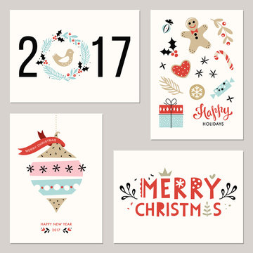 Happy New Year and Winter Holidays cards with gingerbread men, gift box, Christmas ornaments and candies.