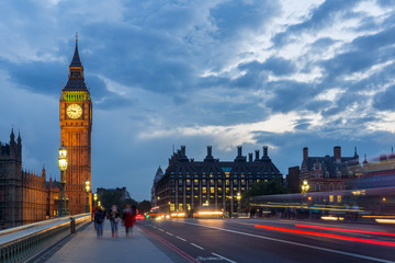 Fototapeta na wymiar LONDON, ENGLAND - JUNE 16 2016: Night photo of Houses of Parliament with Big Ben from Westminster bridge, London, England, Great Britain