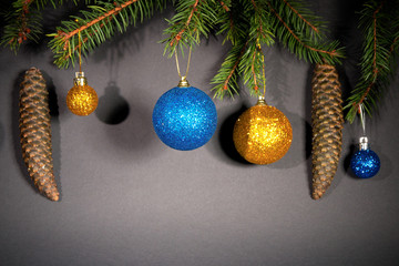 New Year. Christmas. Toys, Christmas tree branches, cones, with