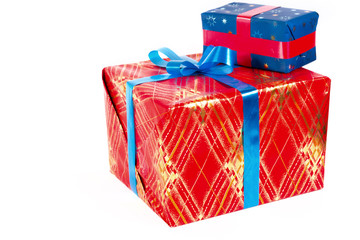 New Year. Christmas. Two beautiful gift with ribbon bow, isolate