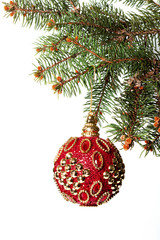 Obraz na płótnie Canvas New Year. Christmas. Beautiful round red Christmas toy hanging o