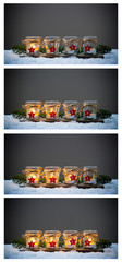Four Advent candles in the snow, collage Advent