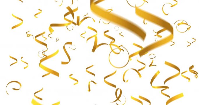 Animation of golden yellow falling spiral confetti on white background (alpha channel included). 4k