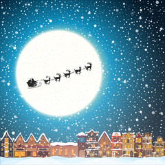 Christmas house in snowfall at the night. Happy holiday greeting card with town skyline, flying Santa Claus and deer black silhouettes, snow  big moon. Midtown houses panorama xmas poster. Vector