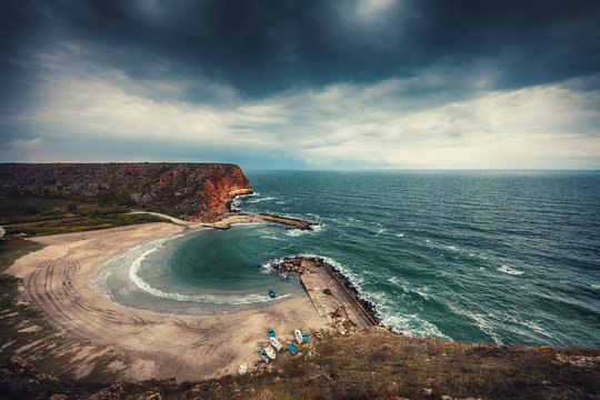 Aerial view of rocky bay. Bolata beach Bulgaria.