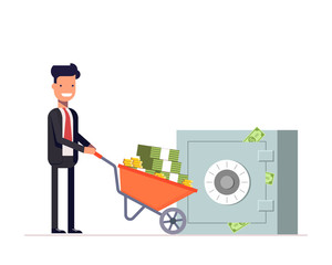 Businessman or manager carries money in wheelbarrow to a closed building safe. Safety storage of Finance. Vector, illustration EPS10.