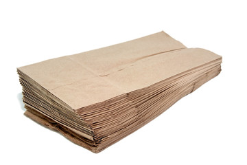 Open brown paper bag on white background. Side and front view. Horizontal.