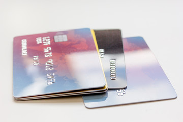 bunch of credit cards on white background online shopping