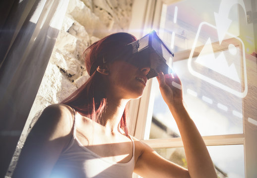 User with VR Goggles by Window Mockup