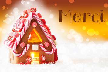 Gingerbread House, Golden Background, Merci Means Thank You