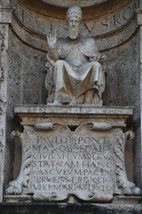 Fototapeta na wymiar Monumental statue of Pope Paolo III, Captain's Building, Ascoli Piceno, Italy