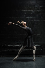 Fototapeta na wymiar Flexible female dancer stretching in the black room