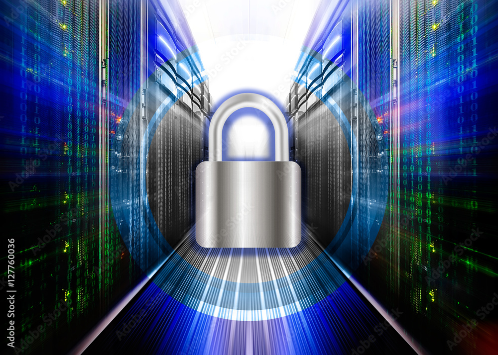 Poster network safety concept - server closed with padlock, database security.