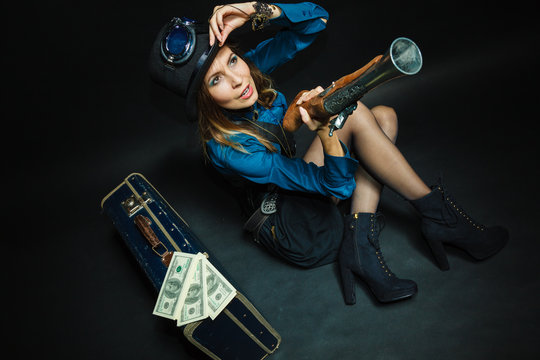 Steampunk girl with cash.