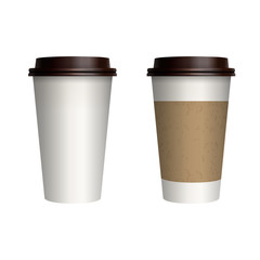 Take-out coffee with brown cap and cup holder. Isolated on white background. Vector Illustration.