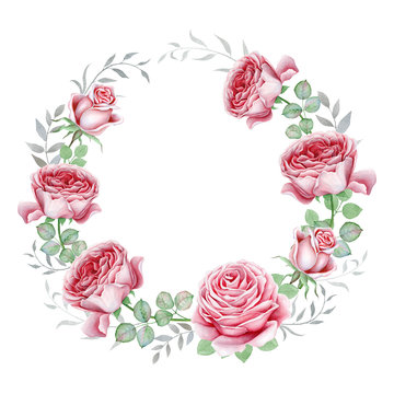 Watercolor rose wreath isolated on white background