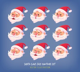 Set of Santa Claus face emotions icons Cute cartoon faces collection Merry Christmas vector illustration
