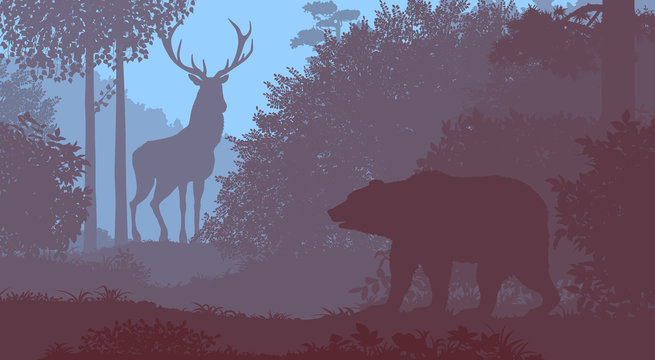 Bear and deer in the forest. Vector two-color illustration.