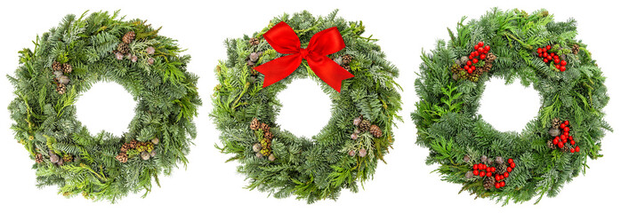 Christmas wreath pine spruce twigs cones berries ribbon bow