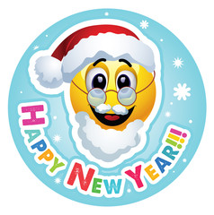 Happy New Year greeting card. Smiley dressed as Santa Claus surrounded by snowflakes.