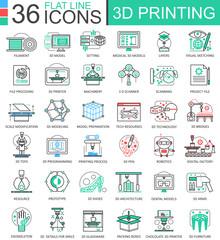 Vector 3D printing technology flat line outline icons for apps and web design. 3D printing icon.