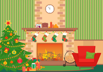 Christmas livingroom flat interior vector illustration. Christmas New Year tree and fireplace with socks. Christmas wall pattern.