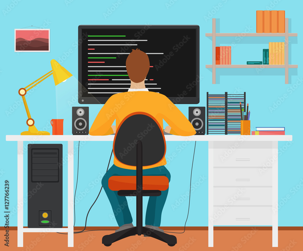 Fototapete Man programmer back working on his PC computer. Coding and programming. Office interior programmer.