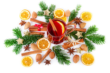 Christmas mulled wine arrangement with christmas spices on white. Top view, sight from above.