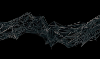 Abstract 3d rendering of chaotic plexus surface. Contemporary background with futuristic polygonal shape. Distorted low poly object with sharp lines.